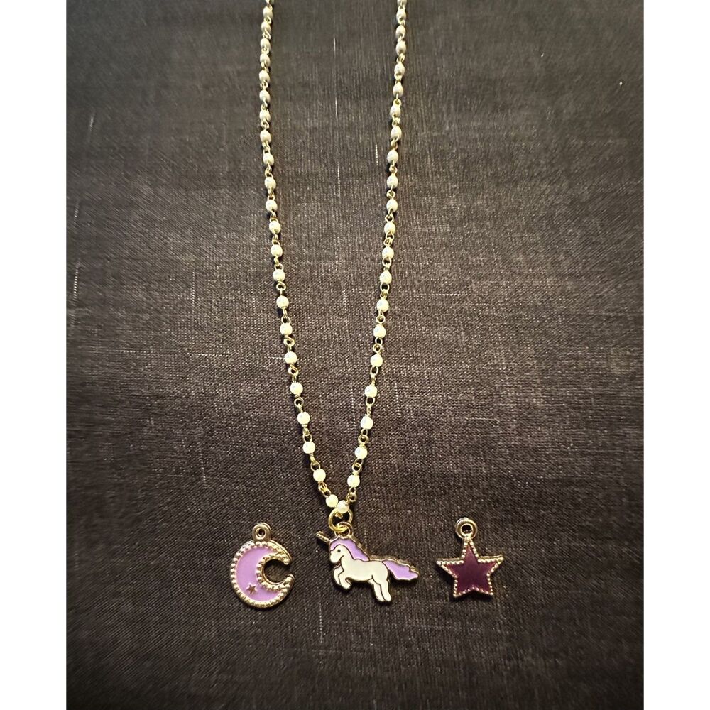 Unicorn Charm Necklace Purple Unicorn Moon Star Pendant Gold Tone Cute Gift